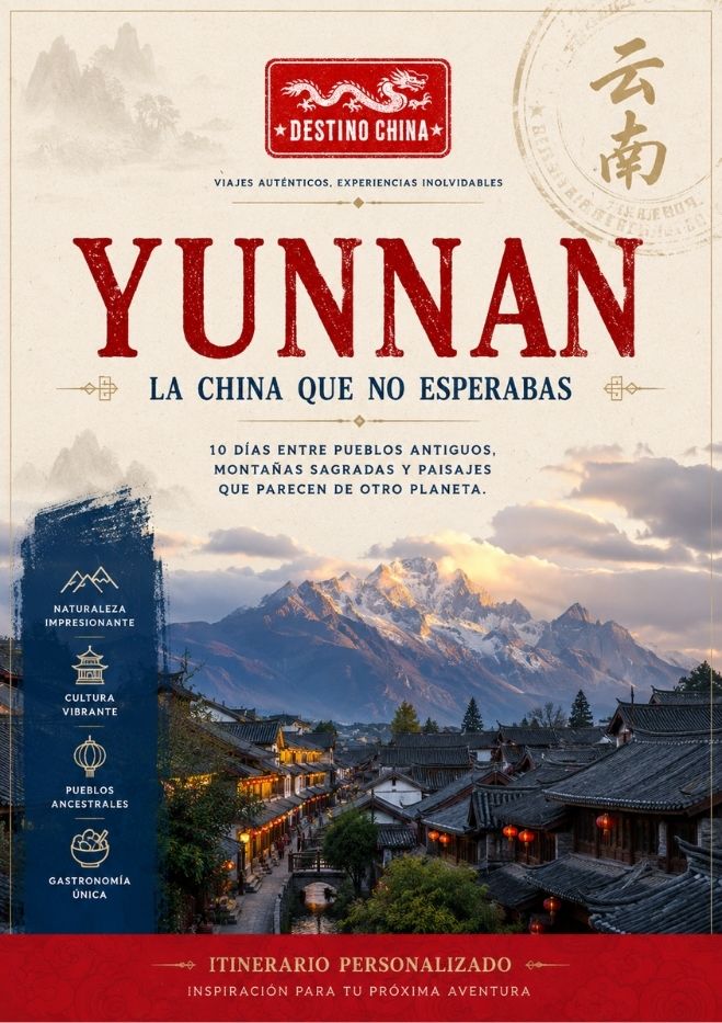 Cartel promocional de itinerario de viaje a Yunnan, China, con paisaje de pueblo antiguo y montañas nevadas.